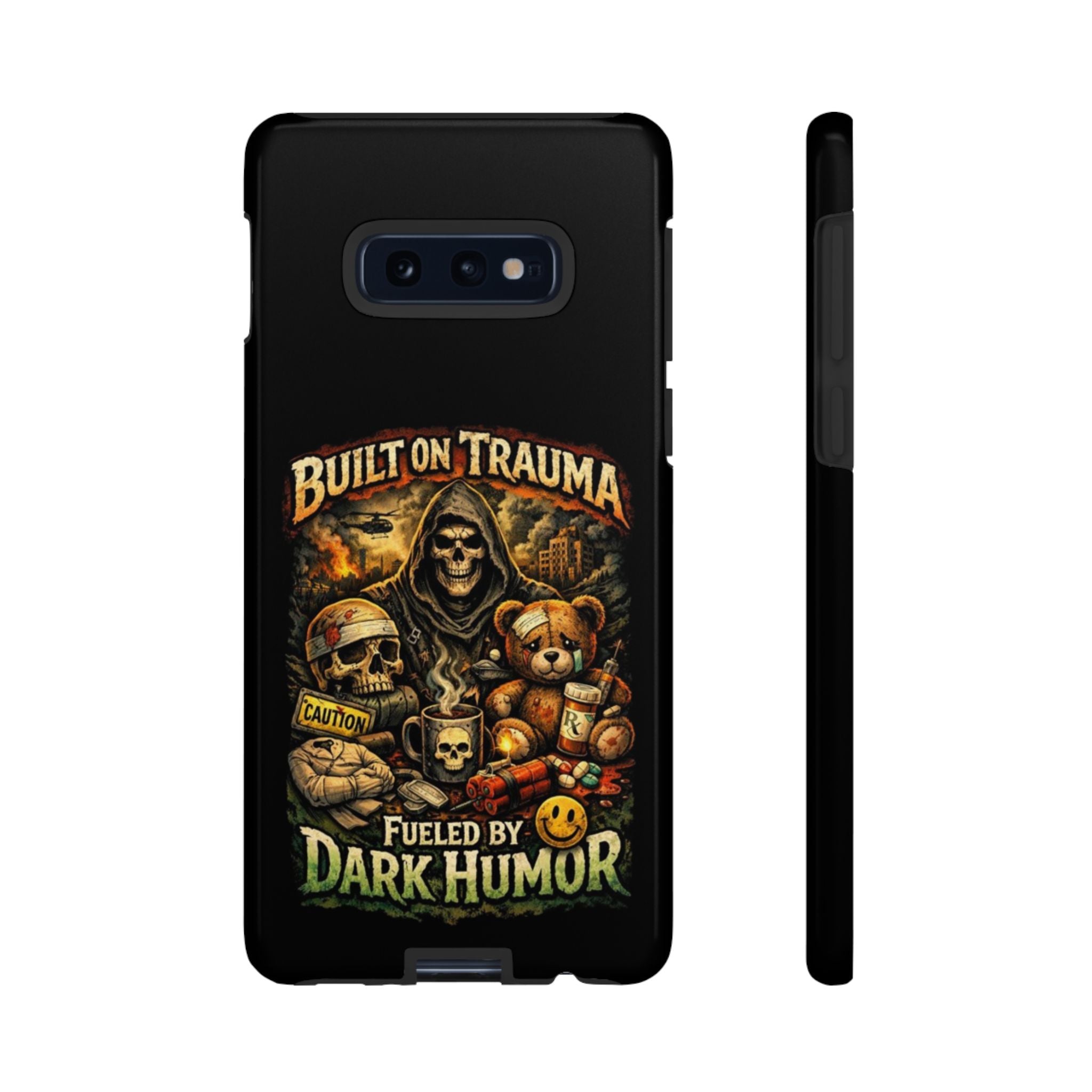 Phone Case — "Built on Trauma Fueled by Dark Humor" Grim Reaper Skull Teddy Design