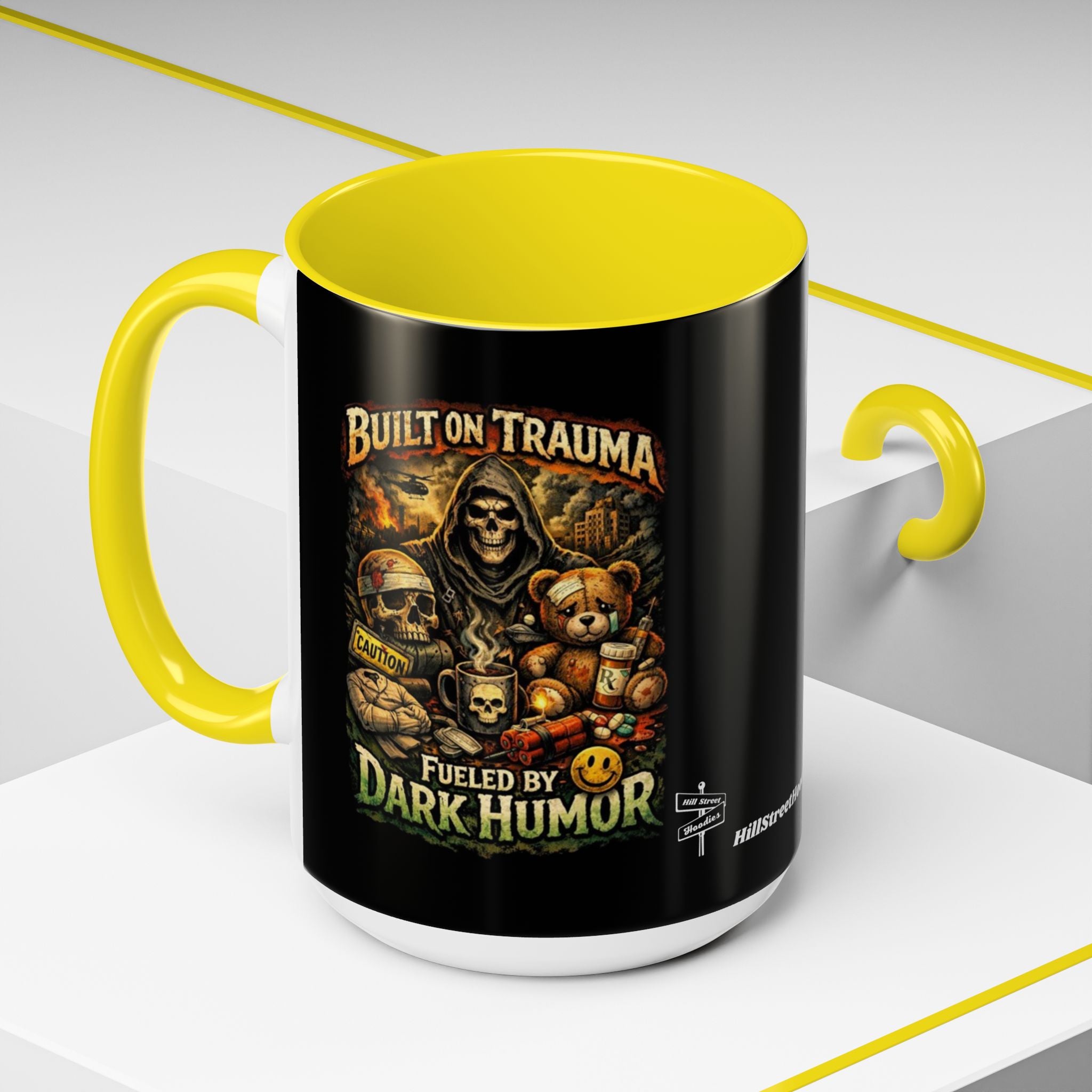 Coffee Mug — "Built on Trauma, Fueled by Dark Humor" Gothic Skull Accent Mug