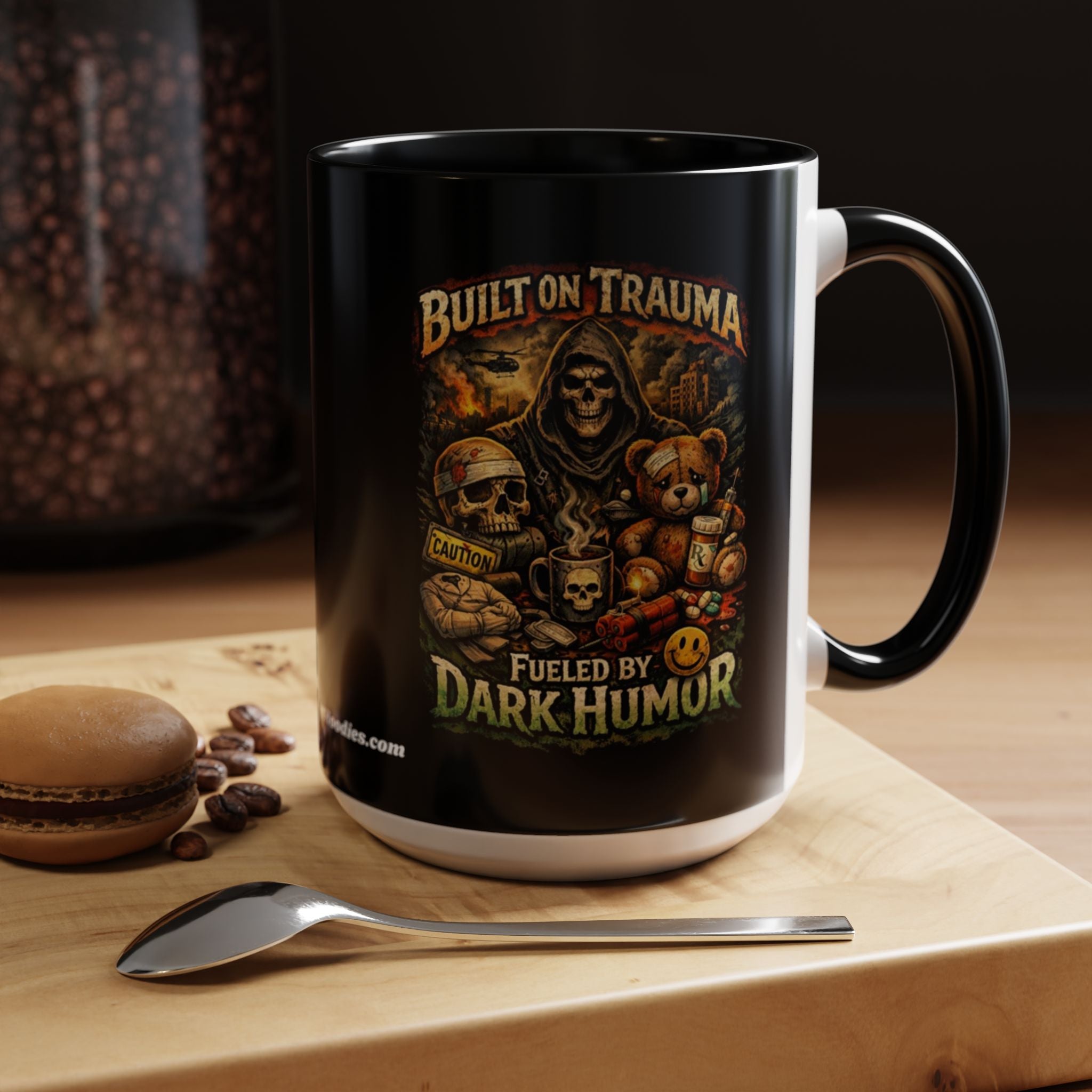 Coffee Mug — "Built on Trauma, Fueled by Dark Humor" Gothic Skull Accent Mug