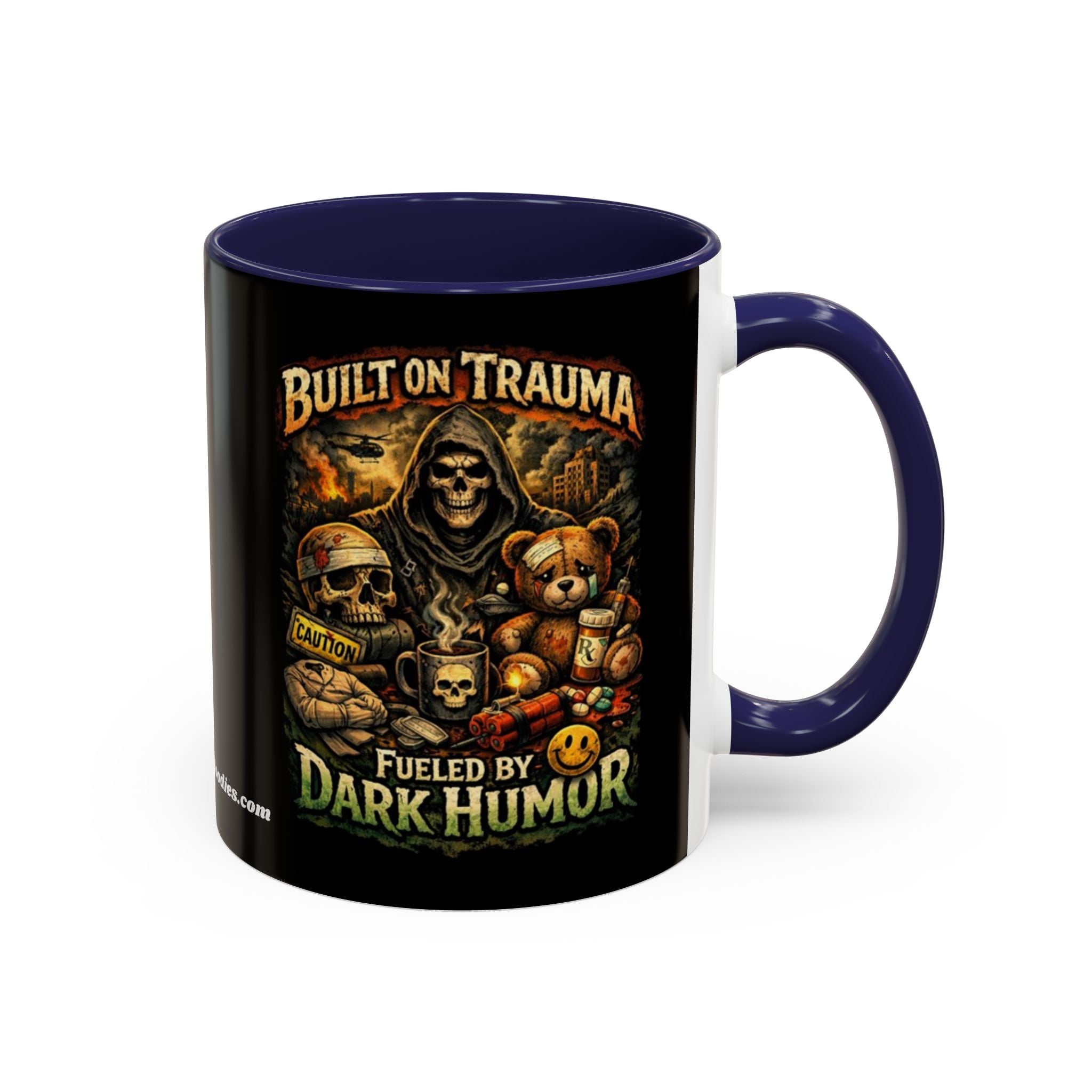 Coffee Mug — "Built on Trauma, Fueled by Dark Humor" Gothic Skull Accent Mug