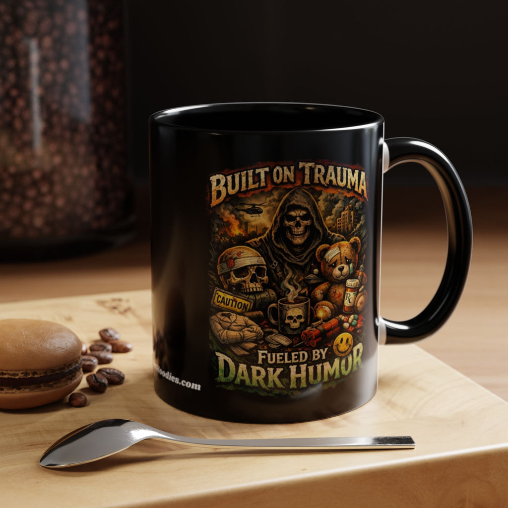 Coffee Mug — "Built on Trauma, Fueled by Dark Humor" Gothic Skull Accent Mug
