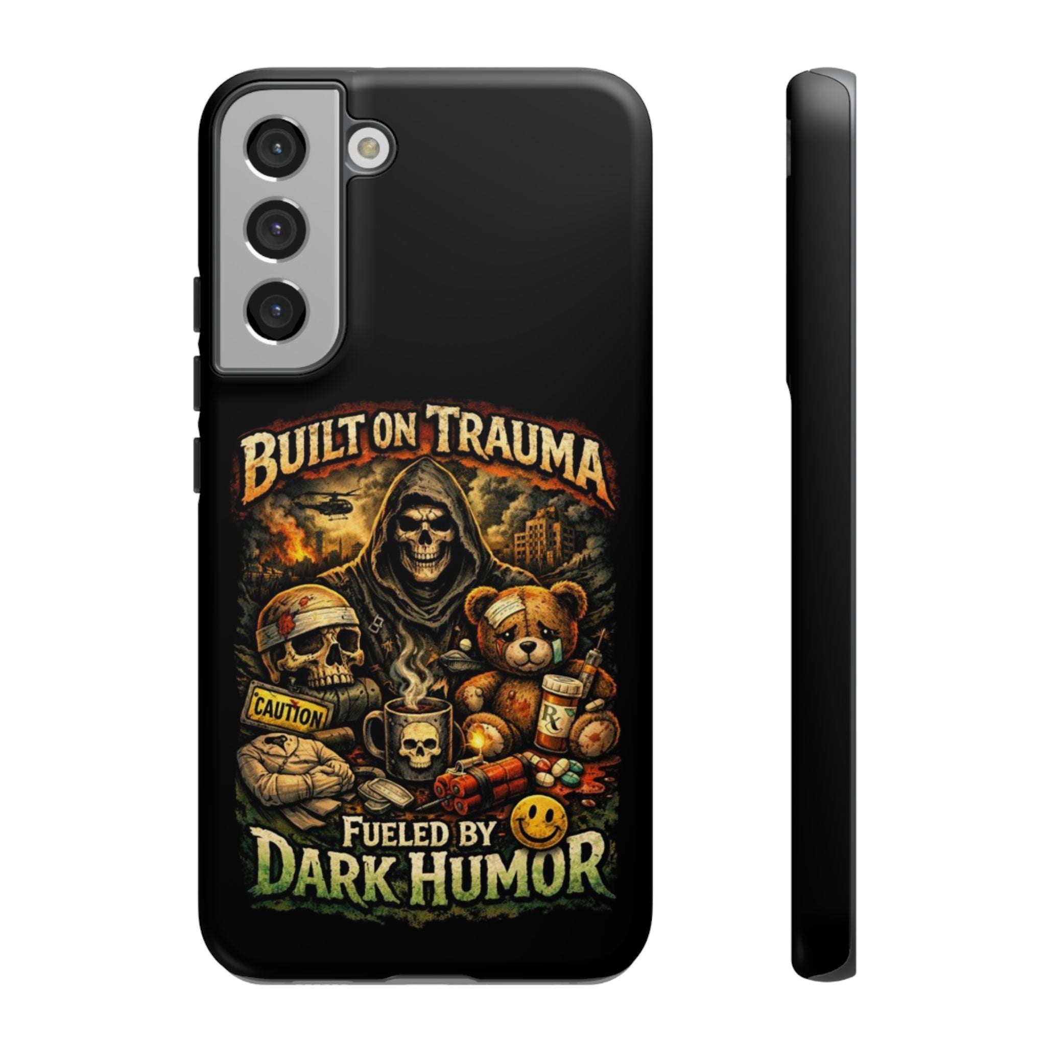 Phone Case — "Built on Trauma Fueled by Dark Humor" Grim Reaper Skull Teddy Design